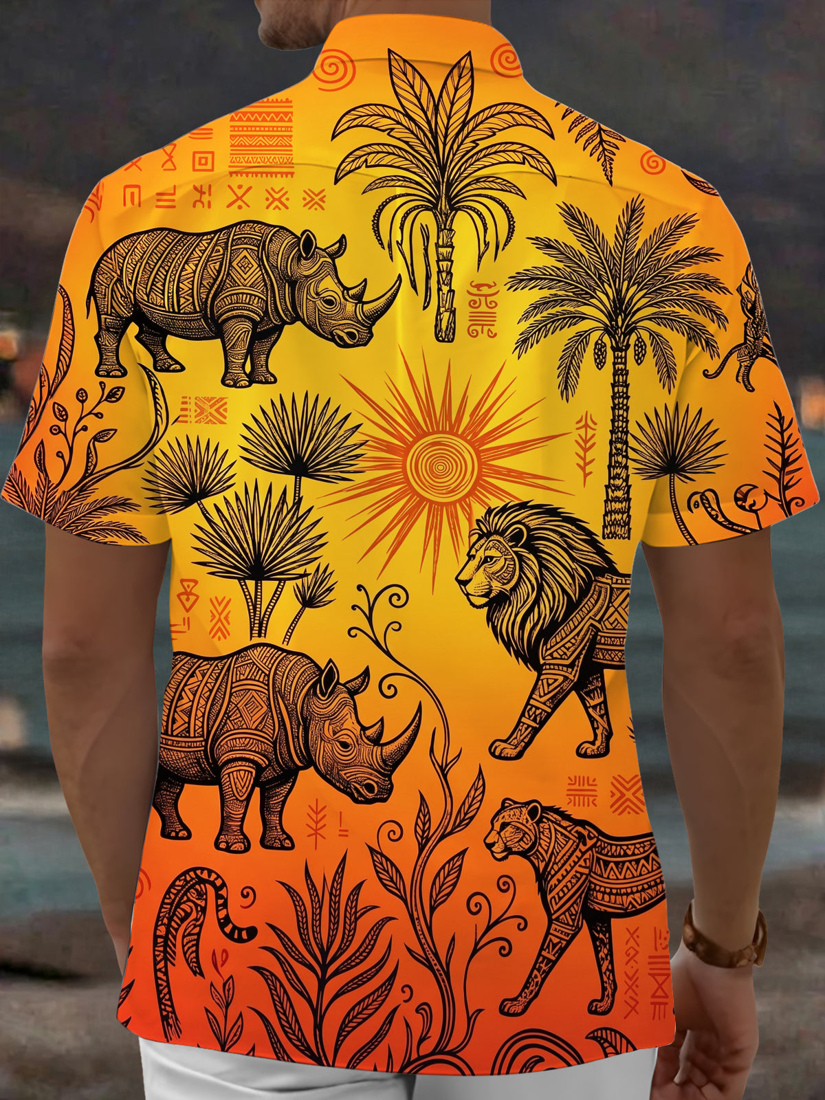 Adaychic Men's Hawaiian Wild Animals Print Palm Tree Print Short Sleeve Shirt with Chest Pocket
