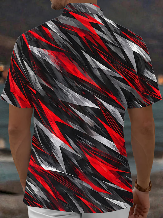 Adaychic Men's Abstract Geometric Jagged Lines Print Short Sleeve Shirt with Chest Pocket