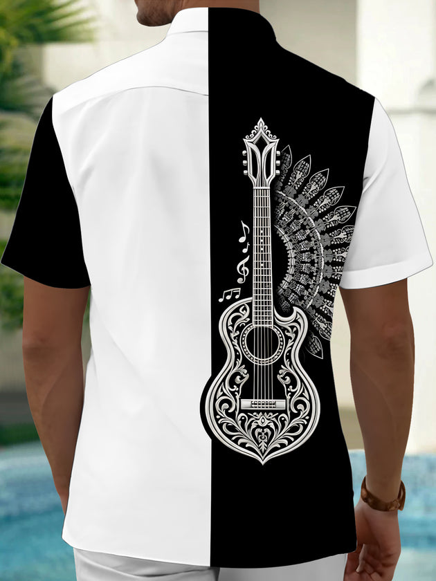 Adaychic Men's Graphic Guitar Mandala Print Short Sleeve Shirt with Chest Pocket