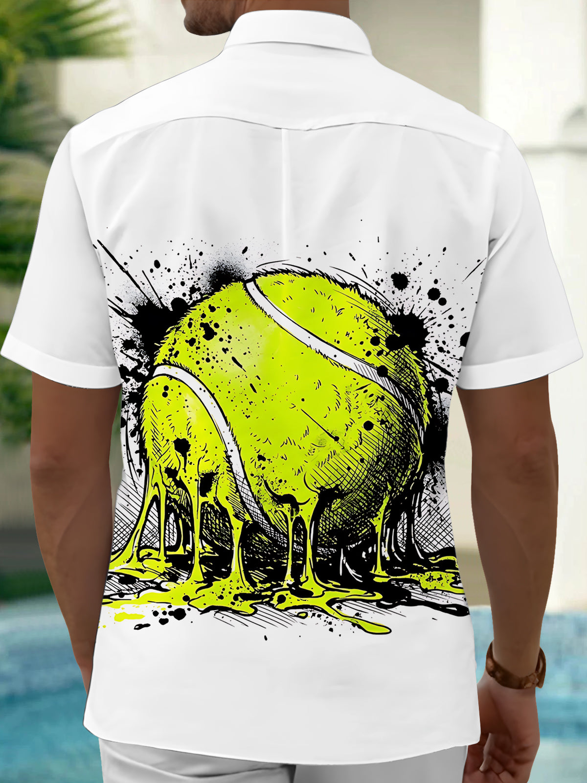 Adaychic Men's Melting Tennis Ball With Splatter Art Print Short Sleeve Shirt with Chest Pocket