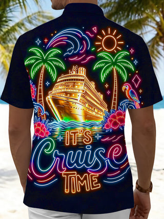 Adaychic Men's Hawaiian Floral Neon Cruise Ship Palm Tree Print Short Sleeve Button Down Shirt with Chest Pocket