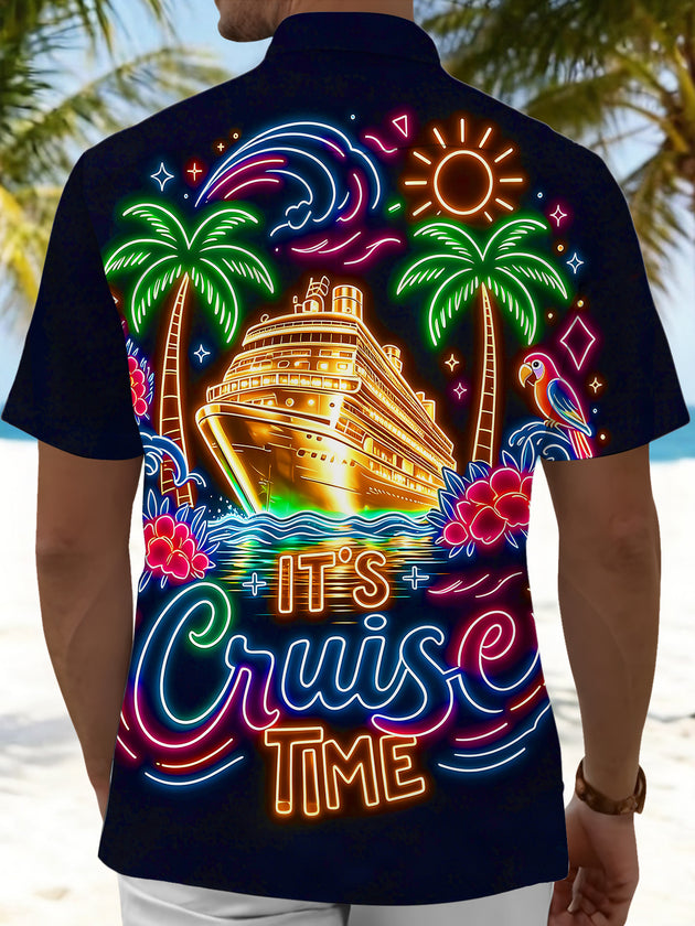 Adaychic Men's Hawaiian Floral Neon Cruise Ship Tropical Print Short Sleeve Button Down Shirt with Chest Pocket