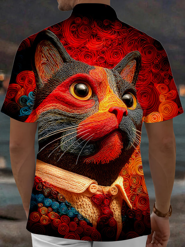 Adaychic Men's Graphic Cat Portrait Print Short Sleeve Shirt with Chest Pocket