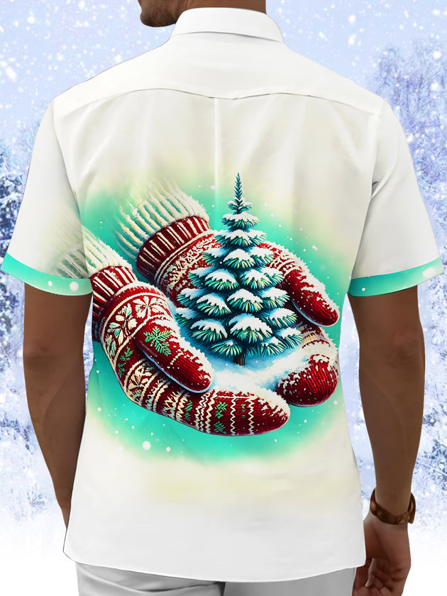 Adaychic Men's Printed Christmas Tree Print Short Sleeve Shirt with Chest Pocket