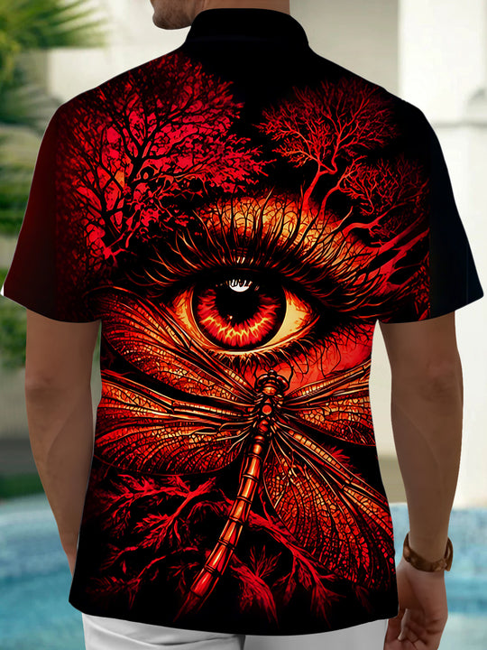 Adaychic Men's 3D Dragonfly Eye Graphic Print Short Sleeve Shirt with Chest Pocket