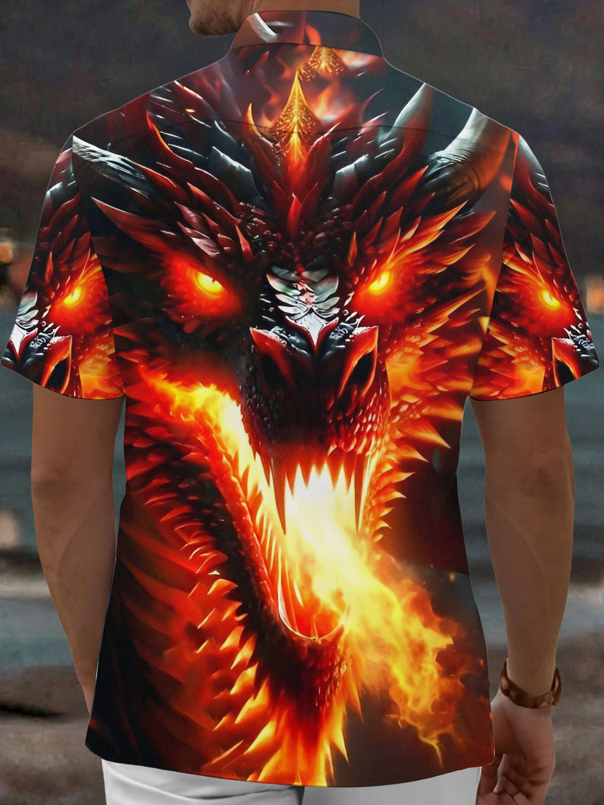 Adaychic Men's Graphic Fire Dragon Print Glowing Eyes Print Short Sleeve Shirt with Chest Pocket