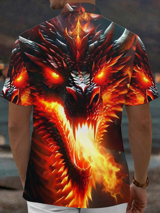 Adaychic Men's Graphic Fire Dragon Print Glowing Eyes Print Short Sleeve Shirt with Chest Pocket