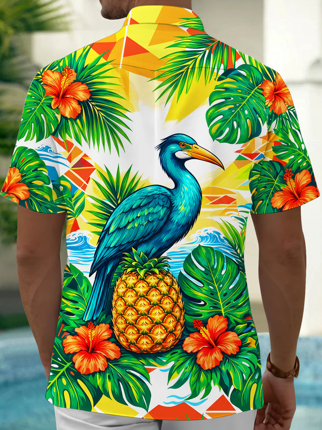 Adaychic Men's Hawaiian Blue Pelican And Pineapple Print Short Sleeve Shirt with Chest Pocket