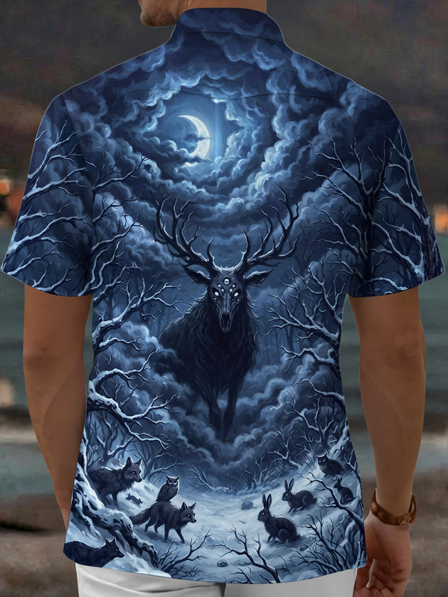 Adaychic Men's Mystical Deer And Night Forest Animals Print Short Sleeve Shirt with Chest Pocket