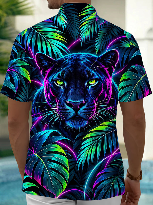 Adaychic Men's Neon Black Panther And Tropical Leaves Print Short Sleeve Shirt with Chest Pocket