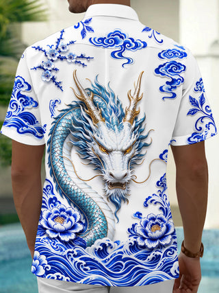 Adaychic Men's Printed Blue And White Porcelain Dragon Print Short Sleeve Shirt with Chest Pocket