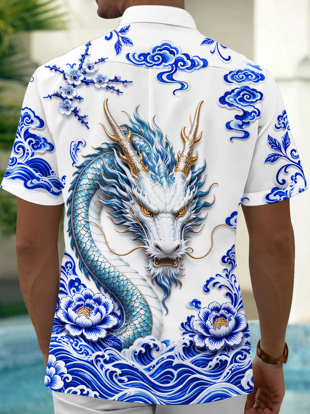Adaychic Men's Printed Blue And White Porcelain Dragon Print Short Sleeve Shirt with Chest Pocket