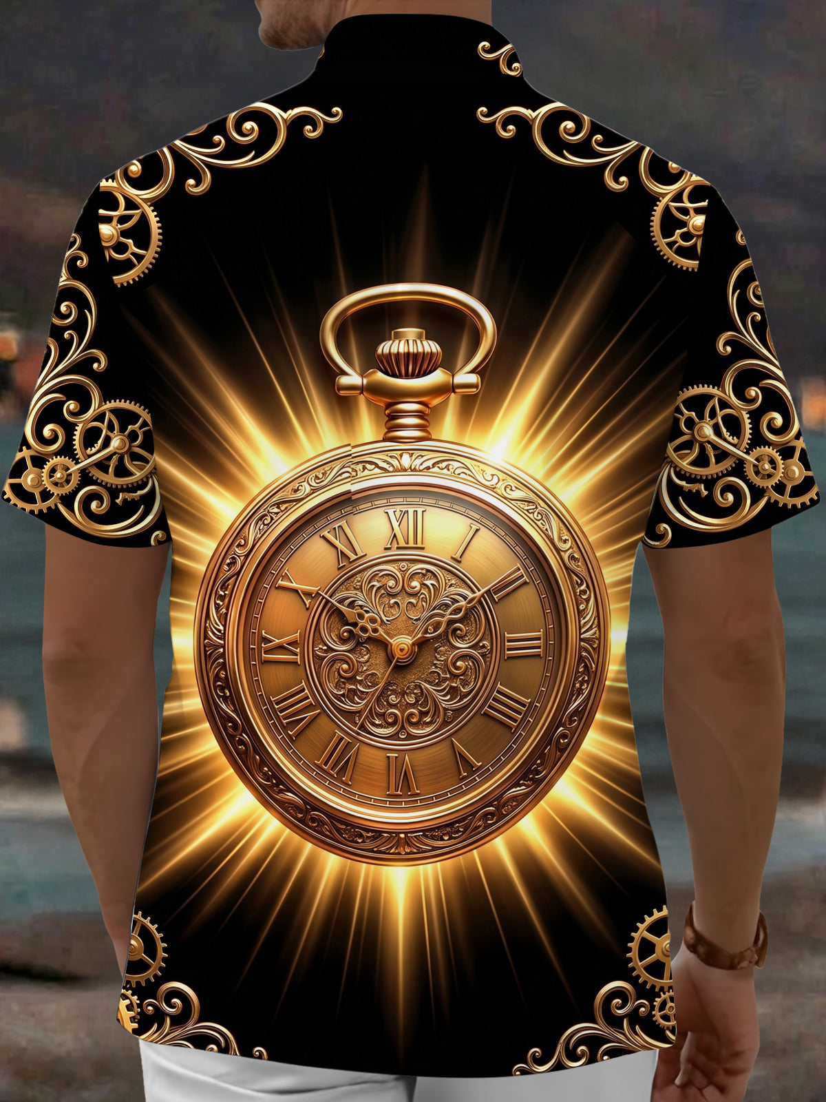 Adaychic Men's Vintage Style Golden Pocket Watch Print Short Sleeve Shirt with Chest Pocket