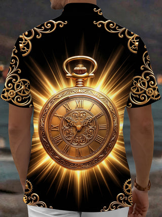 Adaychic Men's Vintage Style Golden Pocket Watch Print Short Sleeve Shirt with Chest Pocket