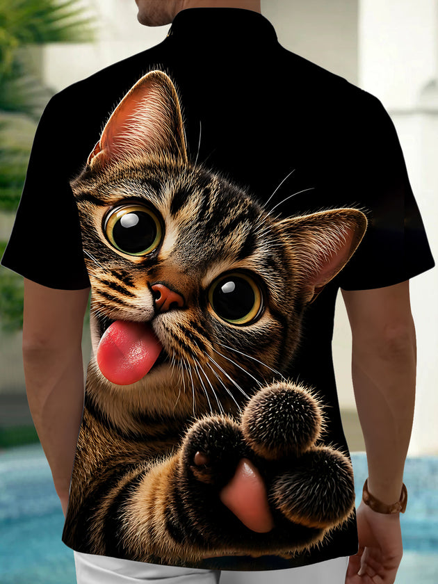 Adaychic Men's Graphic 3D Cat Print Tabby Cat Face Print Short Sleeve Shirt with Chest Pocket