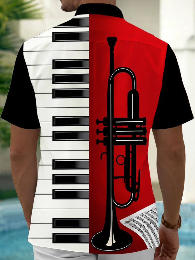Adaychic Men's Graphic Piano Keyboard Print Short Sleeve Shirt with Chest Pocket