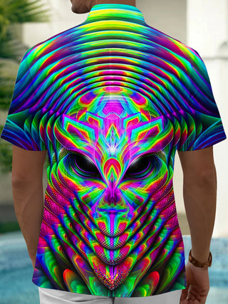 Adaychic Psychedelic Alien Mask Men's Short Sleeve Shirt with Chest Pocket