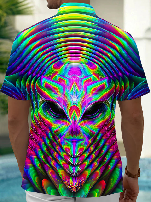 Adaychic Psychedelic Alien Mask Men's Short Sleeve Shirt with Chest Pocket