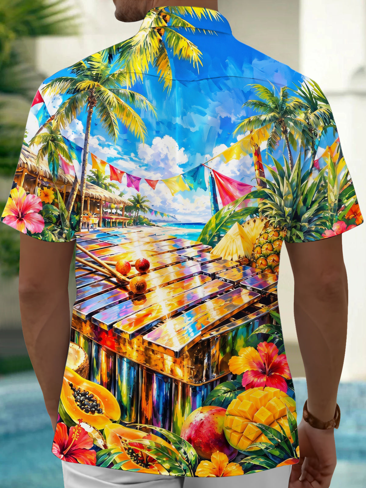 Adaychic Men's Short Sleeve Shirt - Tropical Beach Scene With Xylophone And Fruit Print with Chest Pocket