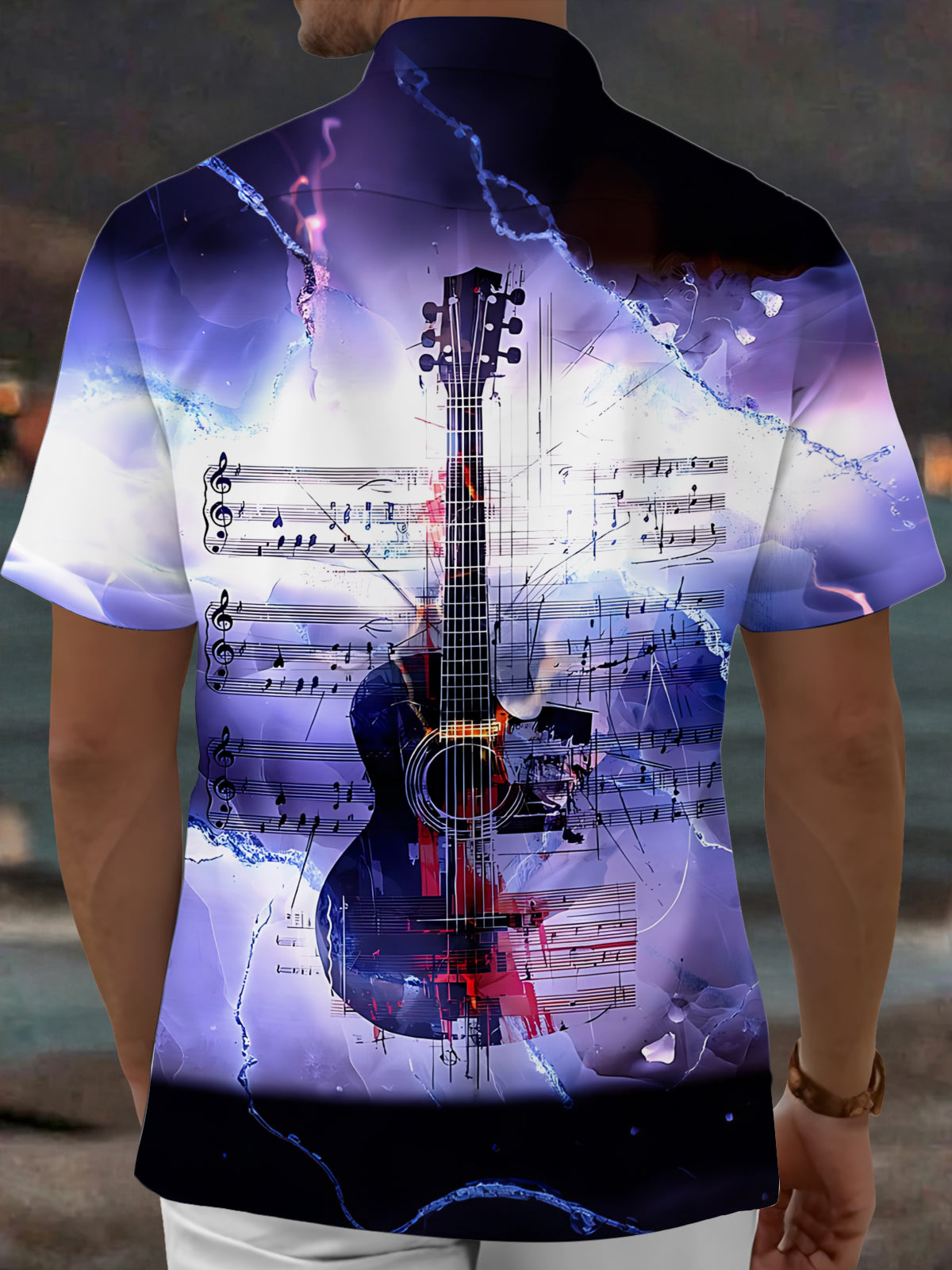 Adaychic Men's Graphic Guitar Print Musical Notes Print Short Sleeve Shirt with Chest Pocket