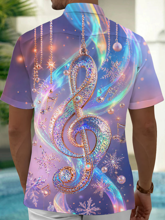 Adaychic Men's Graphic Jeweled Treble Clef Print Short Sleeve Shirt with Chest Pocket
