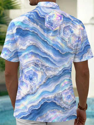 Adaychic Men's Short Sleeve Shirt - Abstract Geometric Hexagons And Wavy Lines Print with Chest Pocket