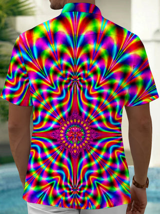 Adaychic Men's Abstract Psychedelic Mandala Swirl Print Short Sleeve Shirt with Chest Pocket