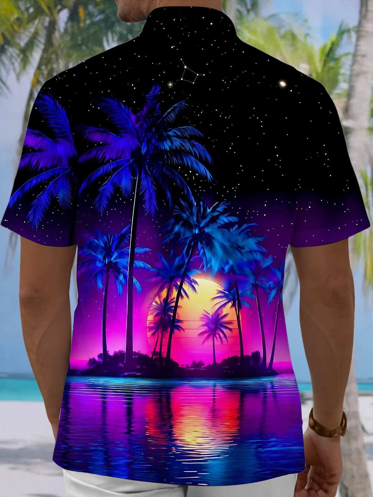Adaychic Men's Black Graphic Tropical Palm Tree Sunset Print Short Sleeve Button Down Shirt with Chest Pocket