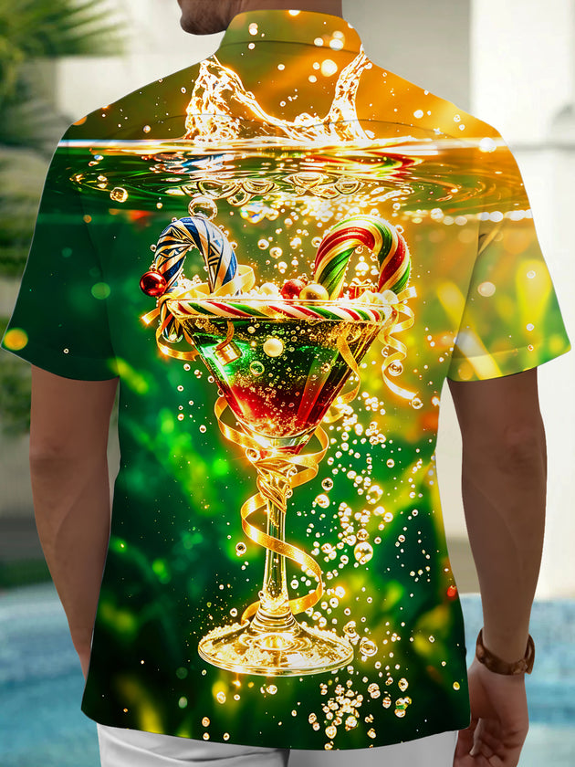 Adaychic Men's Printed Christmas Cocktail Print Short Sleeve Shirt with Chest Pocket