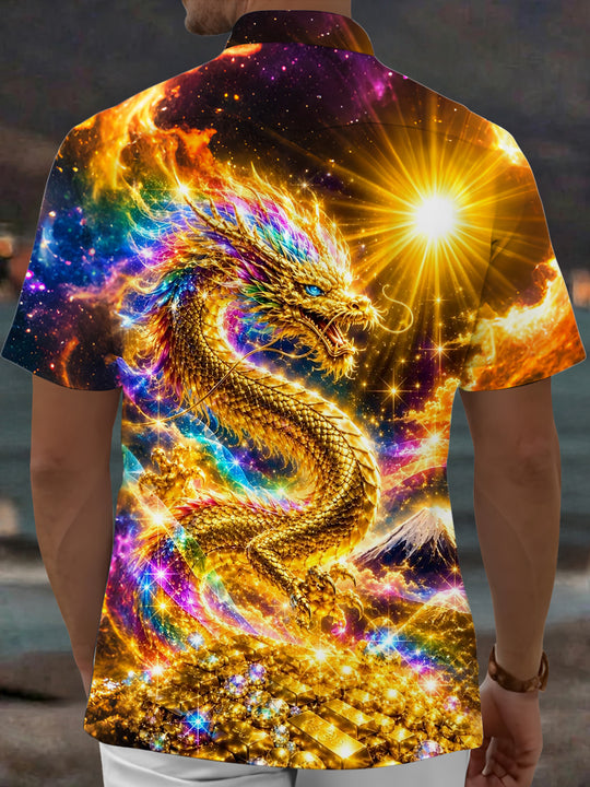 Adaychic Men's Hawaiian Golden Dragon Print Short Sleeve Shirt with Chest Pocket
