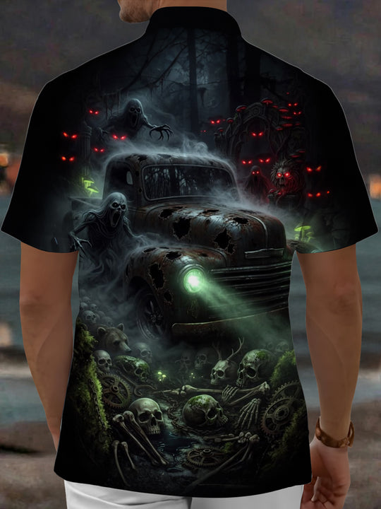 Adaychic Men's Graphic Grim Reaper Print Short Sleeve Shirt with Chest Pocket