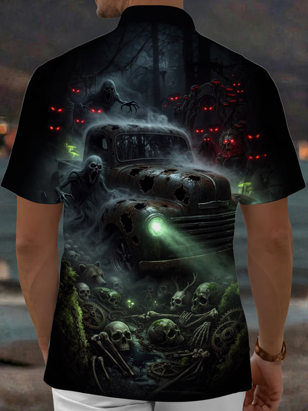 Adaychic Men's Graphic Grim Reaper Print Short Sleeve Shirt with Chest Pocket