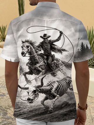 Adaychic Men's Graphic Skeleton Cowboy Print Short Sleeve Shirt with Chest Pocket