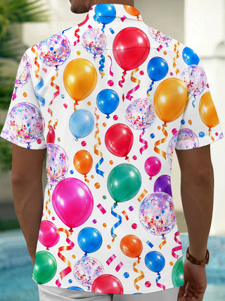 Adaychic Men's Hawaiian Colorful Balloons And Confetti Print Short Sleeve Shirt with Chest Pocket
