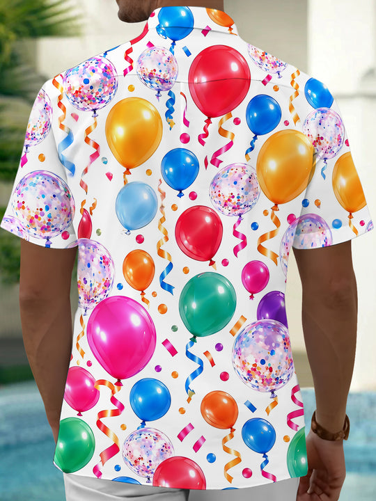 Adaychic Men's Hawaiian Colorful Balloons And Confetti Print Short Sleeve Shirt with Chest Pocket