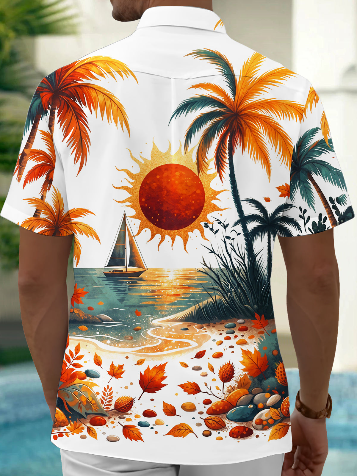 Adaychic Men's Short Sleeve Shirt - Tropical Sunset Beach With Sailboat And Palm Trees Print with Chest Pocket