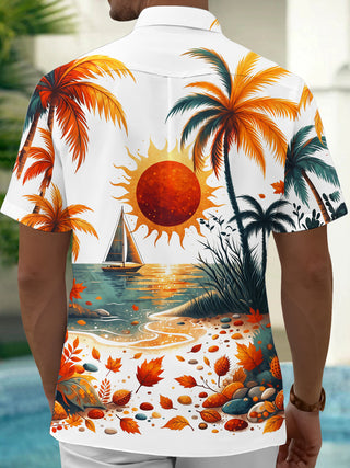 Adaychic Men's Short Sleeve Shirt - Tropical Sunset Beach With Sailboat And Palm Trees Print with Chest Pocket