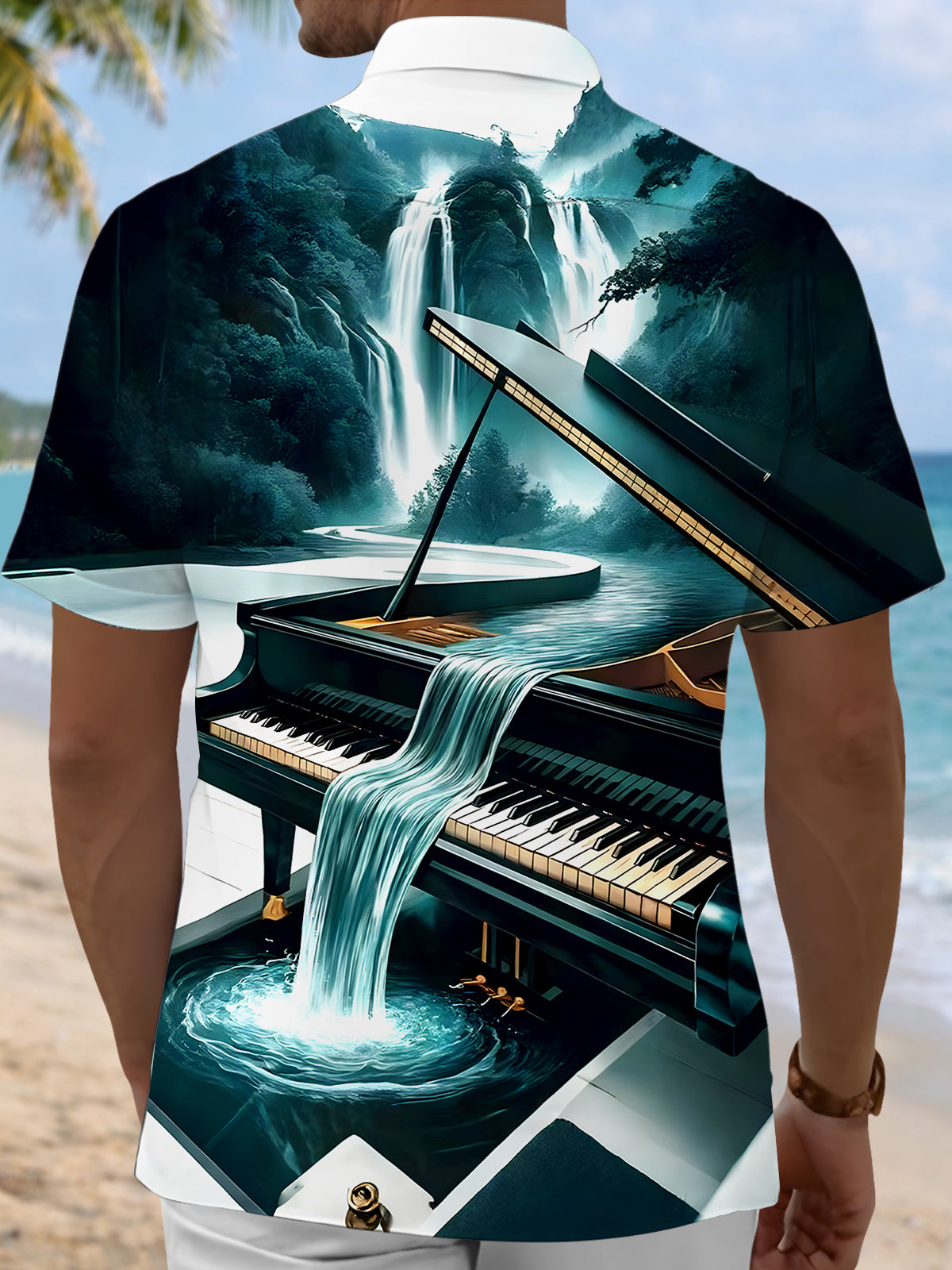 Music Piano Mountain Waterfall Men's Pocket Short Sleeve Shirts