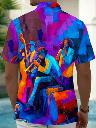 Adaychic Men's Abstract Jazz Musicians Graphic Print Short Sleeve Button Down Shirt with Chest Pocket