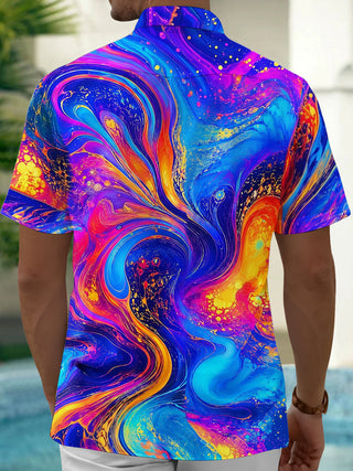 Adaychic Men's Hawaiian Swirling Liquid Oil Pattern Short Sleeve Shirt with Chest Pocket