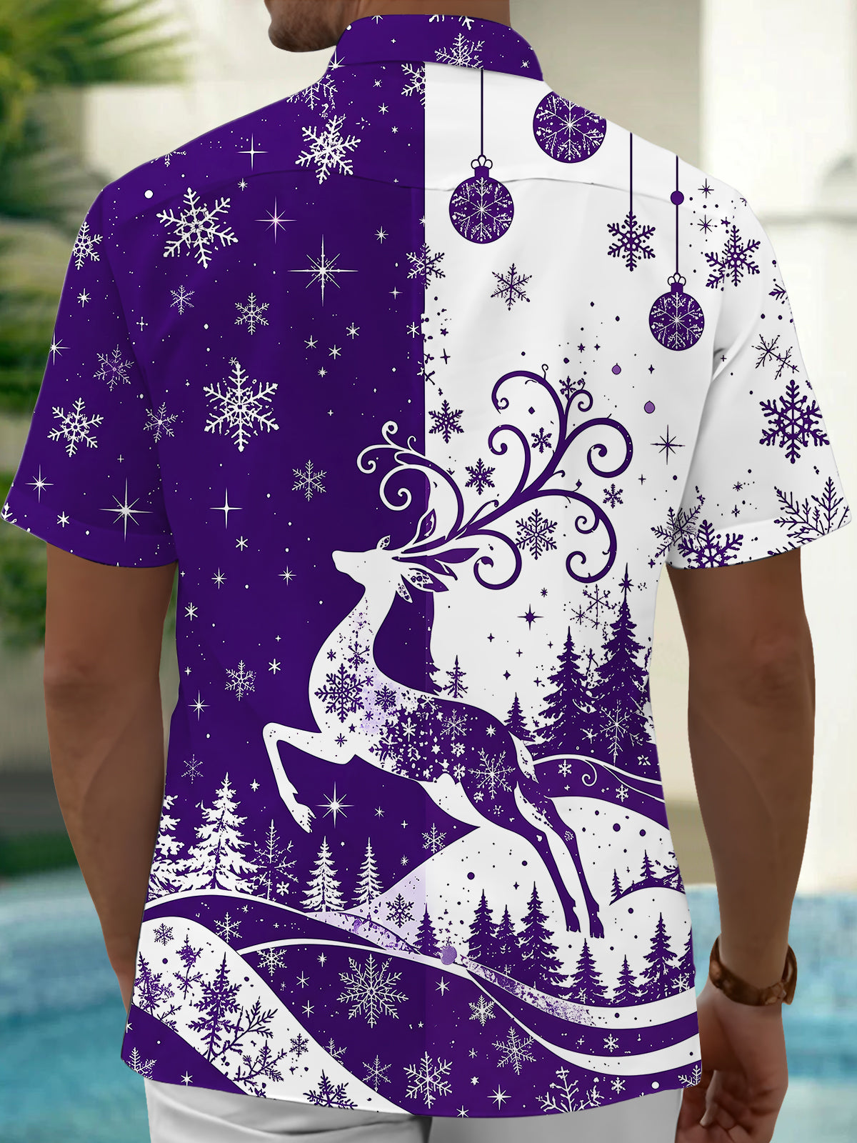 Adaychic Men's Printed Christmas Deer And Snowflakes Print Short Sleeve Shirt with Chest Pocket