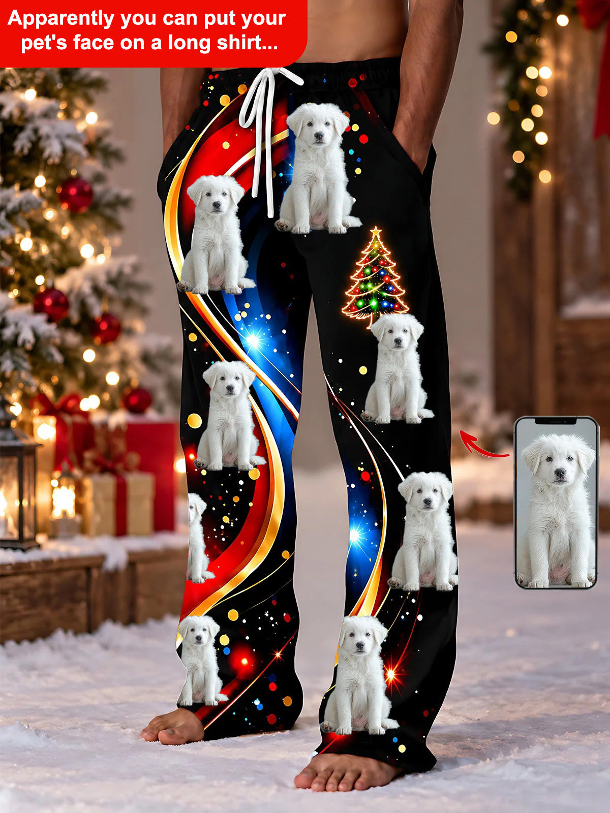 Adaychic Men’s Trousers with Christmas Tree Patterns and Colorful Swirl Prints (Customizable with Pet Photos)