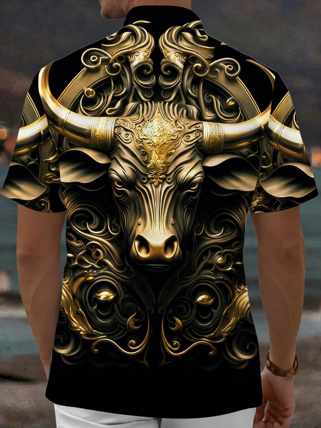 Adaychic Men's Graphic Gold Bull Head Print Short Sleeve Shirt with Chest Pocket