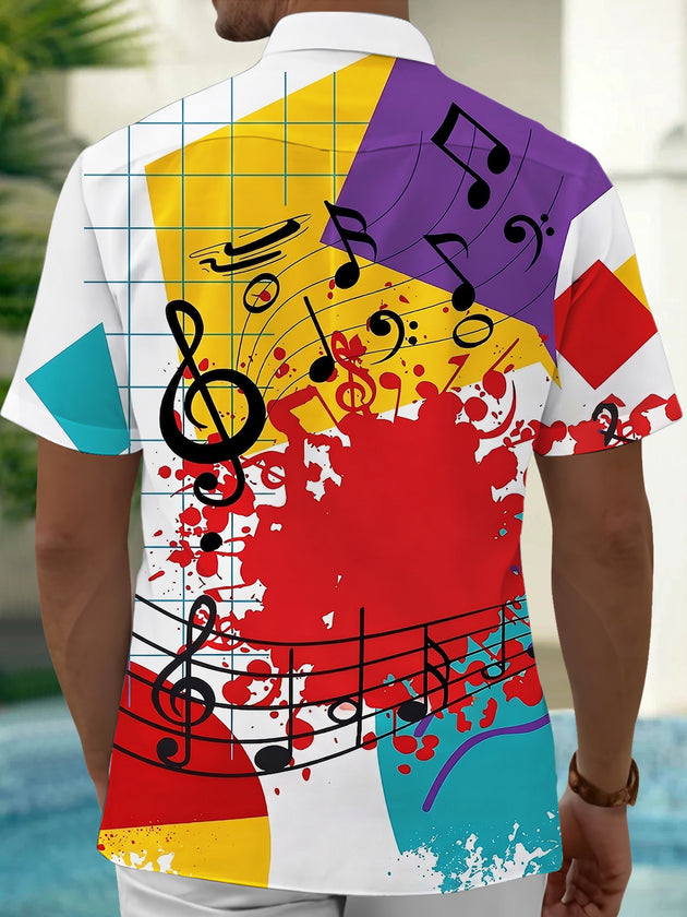 Adaychic Men's Graphic Music Notes Print Short Sleeve Shirt with Chest Pocket