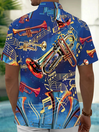 Adaychic Men's Hawaiian Trumpet Musical Notes Print Short Sleeve Shirt with Chest Pocket