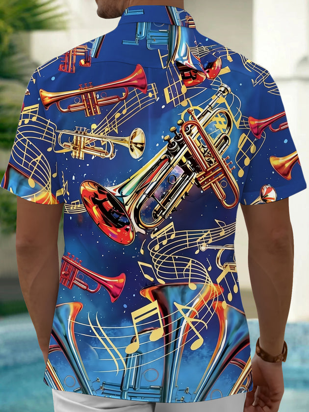 Adaychic Men's Hawaiian Trumpet Musical Notes Print Short Sleeve Shirt with Chest Pocket