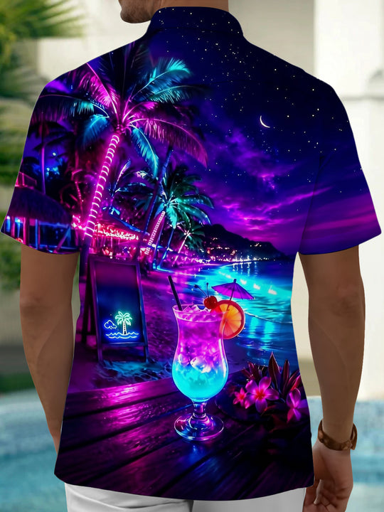 Adaychic Men's Hawaiian Neon Palm Tree Print Short Sleeve Shirt with Chest Pocket