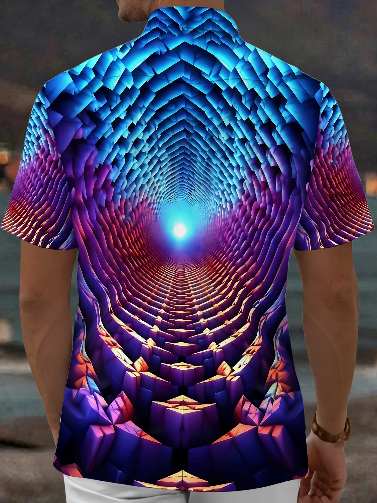 Adaychic Men's 3D 3D Geometric Tunnel Print Short Sleeve Shirt with Chest Pocket