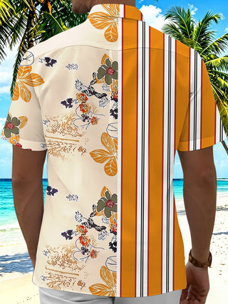 Adaychic Men's Hawaiian Color-block Stripes Print Short Sleeve Shirt with Chest Pocket
