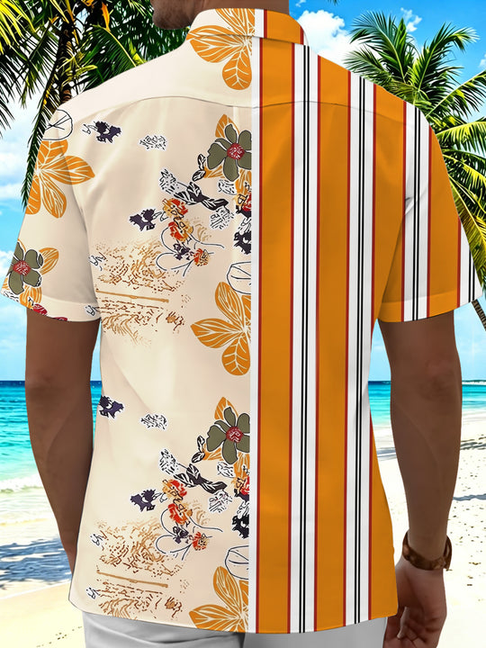 Adaychic Men's Hawaiian Color-block Stripes Print Short Sleeve Shirt with Chest Pocket